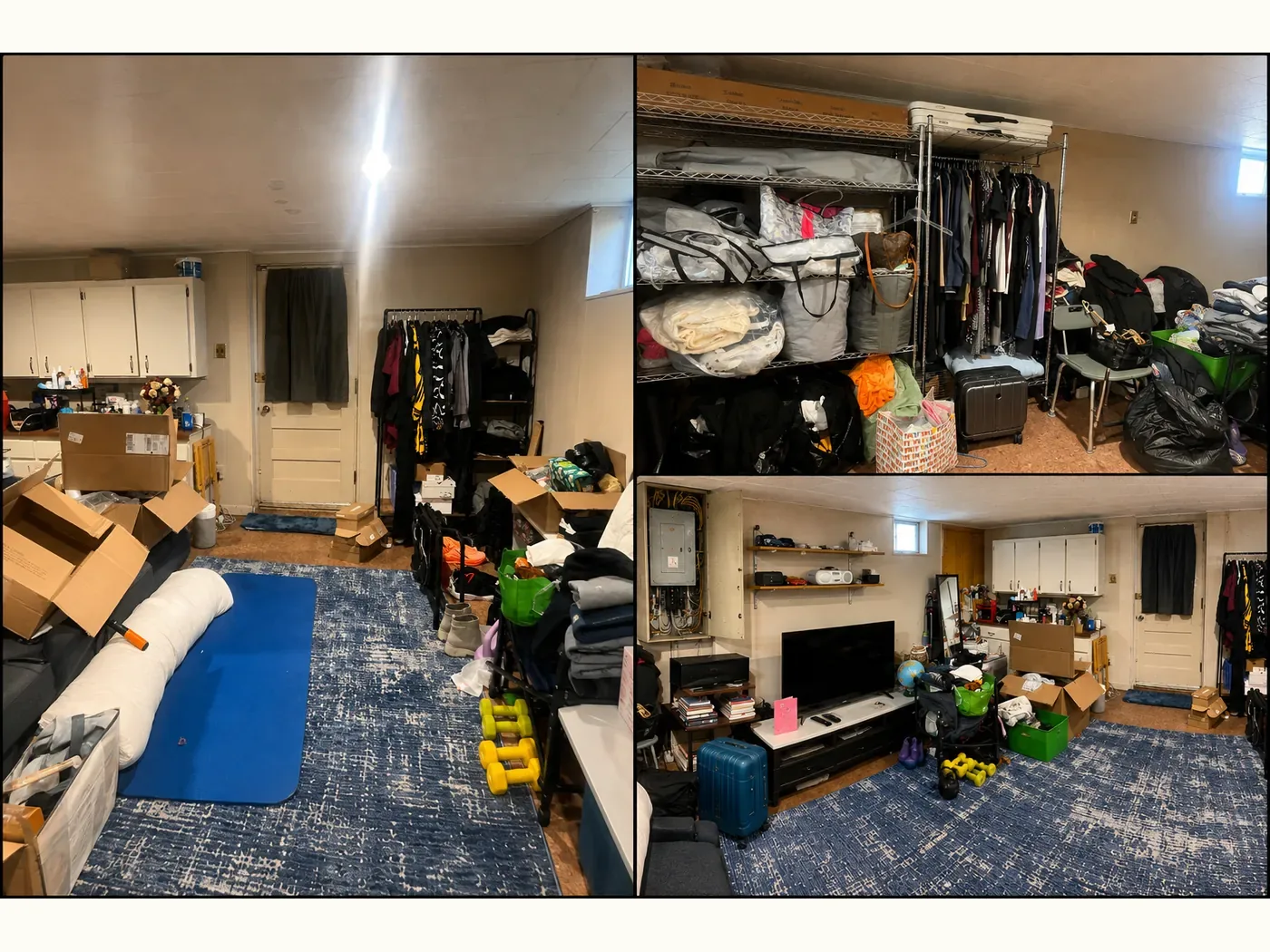 Lower level before organizing — moving boxes, garment racks and bagged belongings filling the room