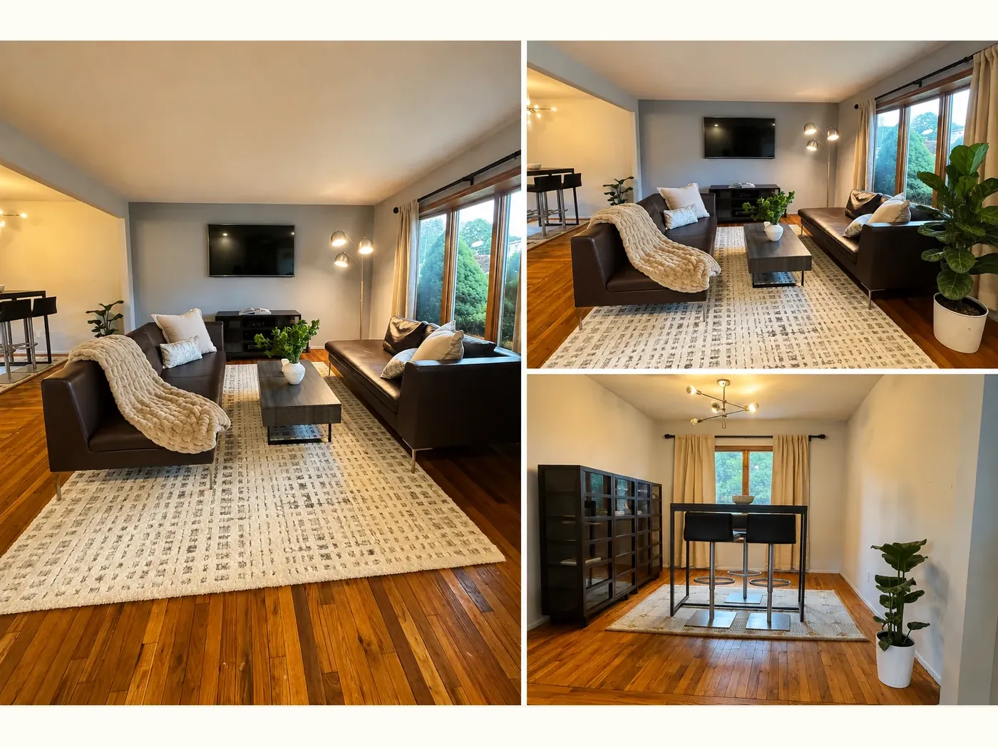 The same living room after — clear floors, styled seating around a patterned rug, and an uncluttered media wall