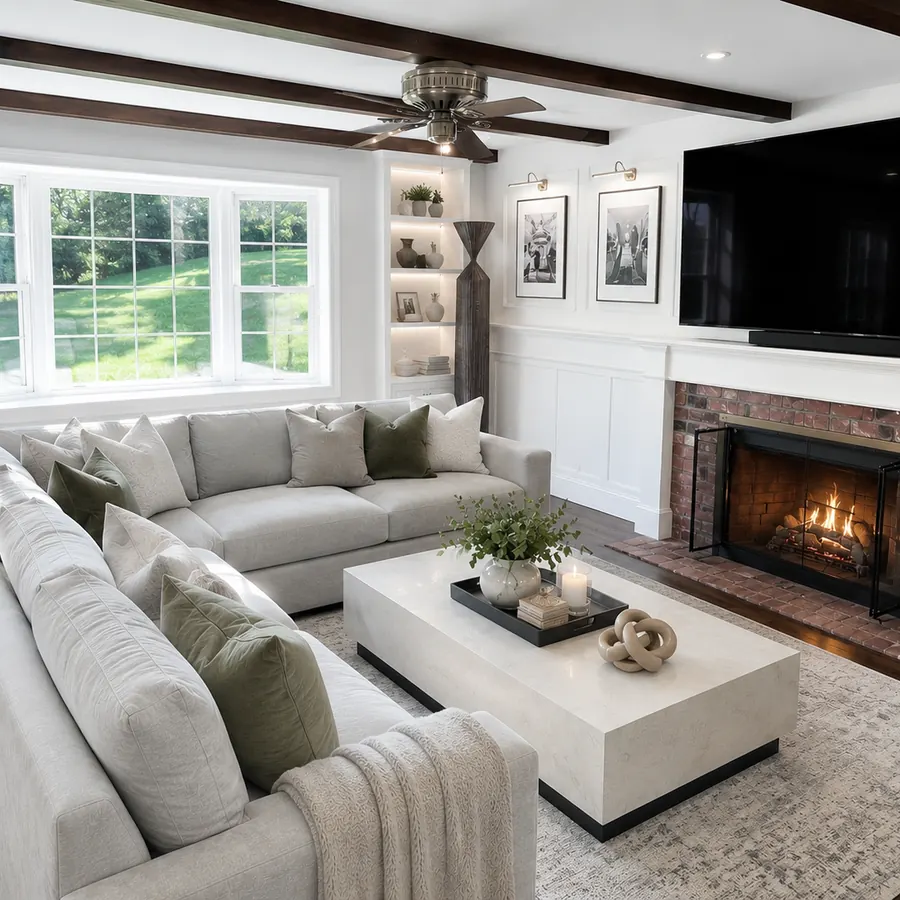 Light-filled family room with a linen sectional, stone coffee table, and a brick fireplace